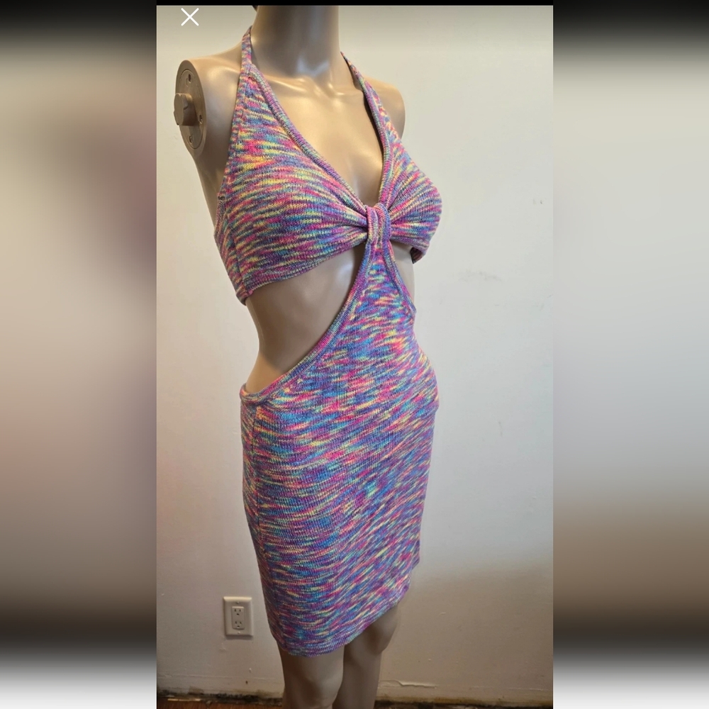 Rainbow Knit Cutout Halter Mini Dress - Small